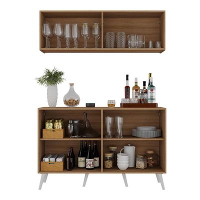 Kit Bar Armário Aéreo Aparador 4 Portas Mp1086 Rustic/branco