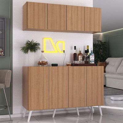 Kit Bar Armário Aéreo Aparador 4 Portas Mp1086 Rustic/branco
