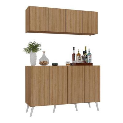 Kit Bar Armário Aéreo Aparador 4 Portas Mp1086 Rustic/branco