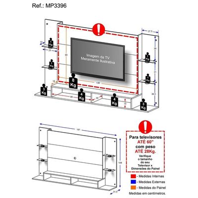 Painel Tv 60'' com 4 Leds e Prateleiras de Vidro Vegas