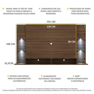 Painel Tv 60'' com 4 Leds e Prateleiras de Vidro Vegas