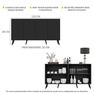 Aparador Buffet 4 Portas Retrô Veneza Multimóveis V3556 Preto Preto