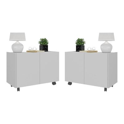 Kit 2 Mesas De Cabeceira Com Rodízios 2 Portas Multimóveis Mp4136 Branco Branco