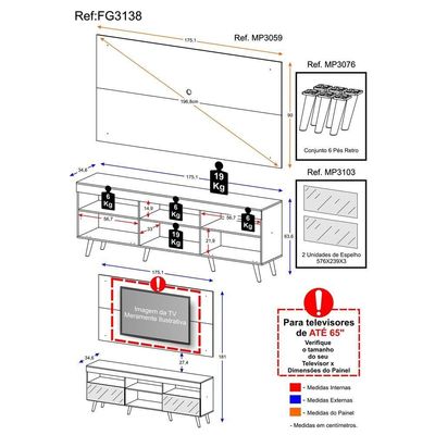 Rack Com Painel Com Espelho Para Tv Até 65´´Fg3138