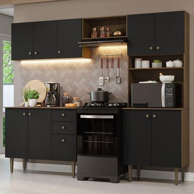 Armário Cozinha Compacta 235cm Rustic/Preto Gourmet 01