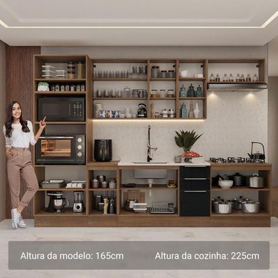Armário  Cozinha Completa 310 cm Lux Madesa 02 Rustic/preto