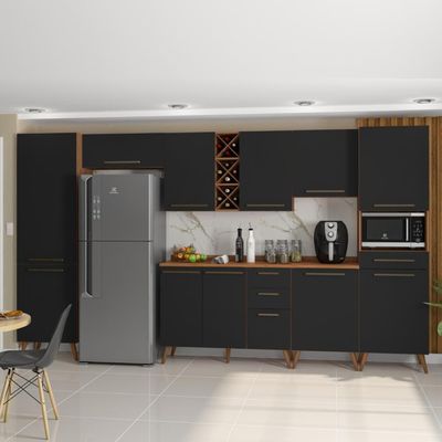 Armário De Cozinha Completa Com Adega 11 Portas 4 Gavetas Favorita Preto/nature Preto Naturale