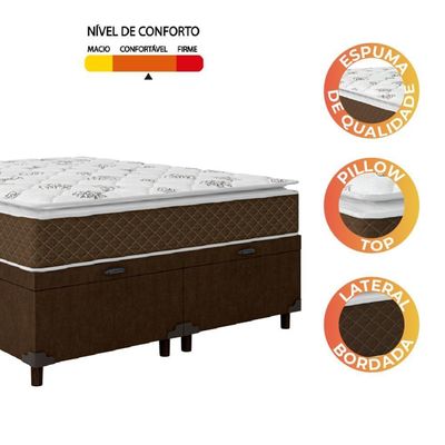 Cama Box Baú Casal Queen Colchão Molas Ensacadas Pillow Top Martino 158X198X66Cm Marrom/Branco