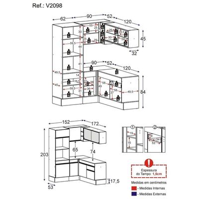 Armário De Cozinha Completa De Canto V2098 Preto/branco