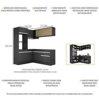 Armário De Cozinha Completa De Canto V2098 Preto/branco