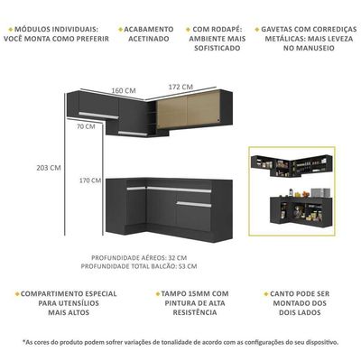 Armário De Cozinha Completa De Canto Com Rodapé Veneza Multimóveis V2094 Preto/branco Preto/branco