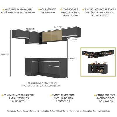 Armário De Cozinha Completa De Canto Com Rodapé Veneza Multimóveis V2095 Preto/branco Preto/branco