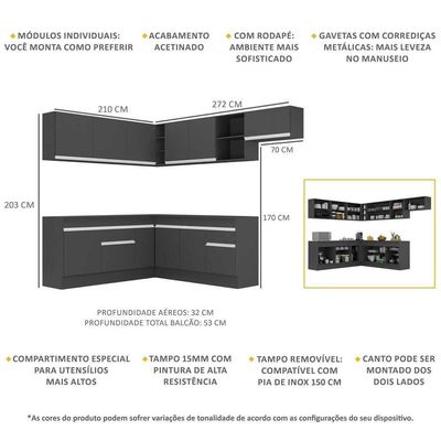 Armário De Cozinha Completa De Canto Com Rodapé Veneza Multimóveis V2103 Preto/branco Preto/branco
