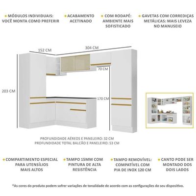 Armário De Cozinha Completa De Canto V2090 Branco/dourado