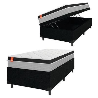 Cama Box Baú Solteiro Colchão Molas Ensacadas Real 88x188x68cm Preto / Cinza - Suporta Até 130kg Por