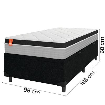 Cama Box Baú Solteiro Colchão Molas Ensacadas Real 88x188x68cm Preto / Cinza - Suporta Até 130kg Por