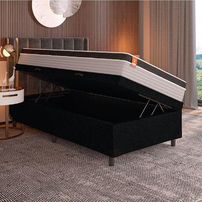 Cama Box Baú Solteiro Colchão Molas Ensacadas Real 88x188x68cm Preto / Cinza - Suporta Até 130kg Por