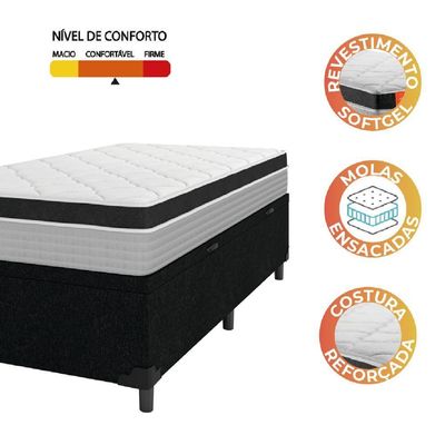 Cama Box Baú Solteiro Colchão Molas Ensacadas Real 88x188x68cm Preto / Cinza - Suporta Até 130kg Por