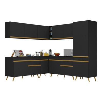 Armário De Cozinha Completa De Canto Veneza Multimóveis V2066 Preto/dourado Preto/dourado