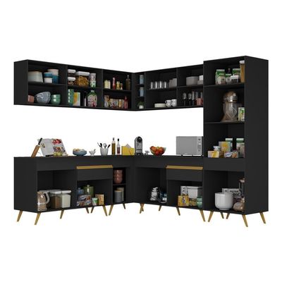 Armário De Cozinha Completa De Canto Veneza Multimóveis V2066 Preto/dourado Preto/dourado