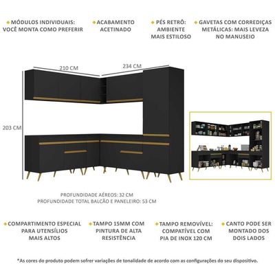 Armário De Cozinha Completa De Canto Veneza Multimóveis V2066 Preto/dourado Preto/dourado