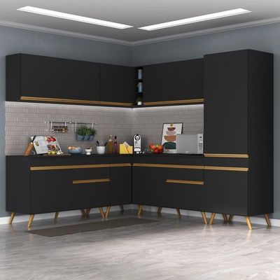Armário De Cozinha Completa De Canto Veneza Multimóveis V2066 Preto/dourado Preto/dourado