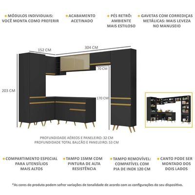 Armário De Cozinha Completa De Canto V2055 Preto/dourado