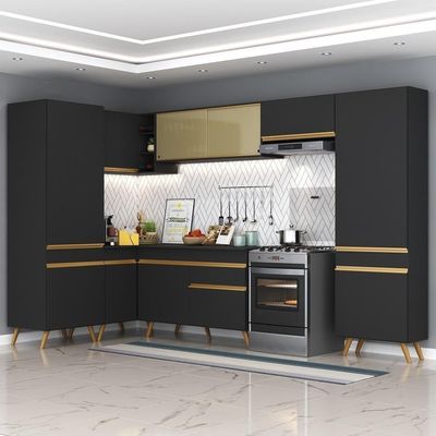 Armário De Cozinha Completa De Canto V2055 Preto/dourado
