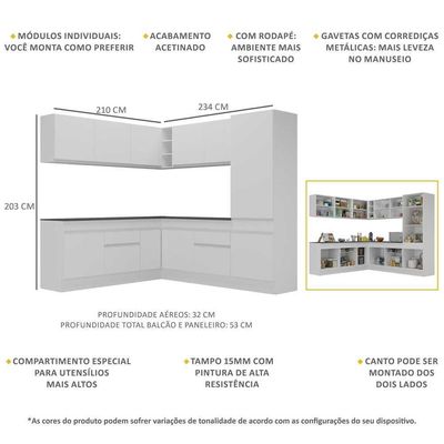 Armário De Cozinha Completa De Canto Com Rodapé Veneza Multimóveis V2101 Branco Branco