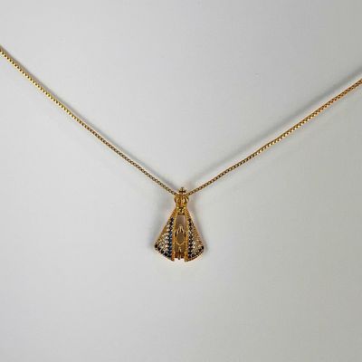 Colar Nossa Senhora Aparecida Manto Branco com zirconias banhado em ouro 18k