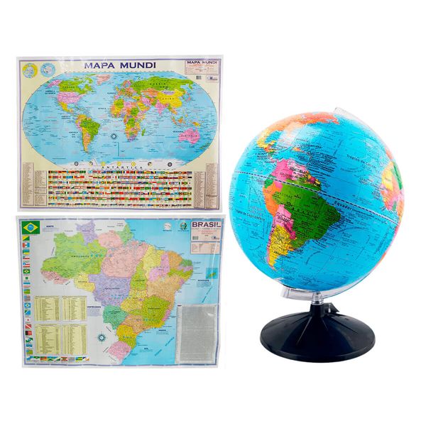 Kit Globo Terrestre Profissional Studio 30cm +  Mapa do Brasil + Mapa Mundi Edição Atualizada Escolar Decorativo