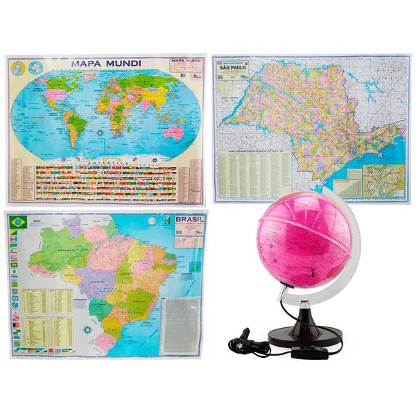 Kit Globo Rosa 21cm C/ LED + Mapas Brasil Mundi e SP Grande 120x90cm Profissional Decorativo Escolar