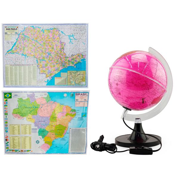 Kit Globo Terrestre Rosa 21CM LED Profissional + Mapa do Estado de SP + Mapa do Brasil 120x90cm Atualizado Escolar