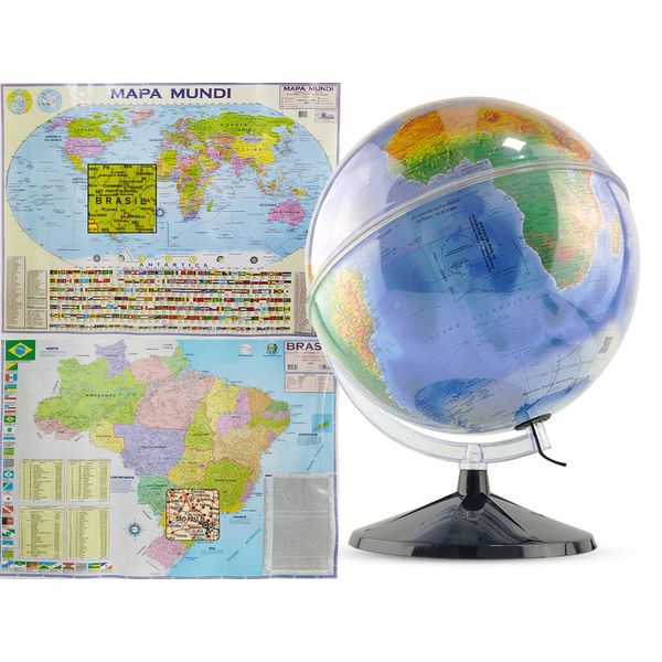 Kit Globo Terrestre Mondo 30cm + Mapa Mundi + Mapa do Brasil Edição Atualizada Escolar