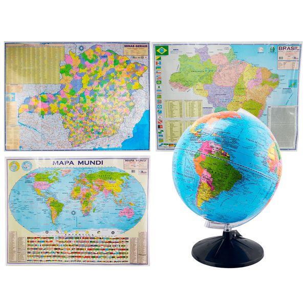 Kit Globo Terrestre Studio 30cm + Mapa de Minas Gerais + Mapa do Brasil + Mapa Mundi Edição Atualizada