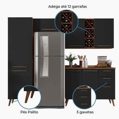 Armário De Cozinha Completa Com Adega 7 Portas 3 Gavetas Favorita Preto/nature Preto Naturale