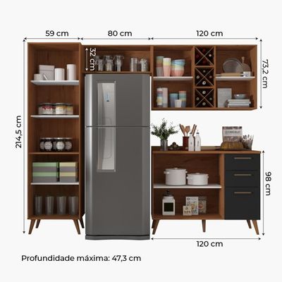 Armário De Cozinha Completa Com Adega 7 Portas 3 Gavetas Favorita Preto/nature Preto Naturale