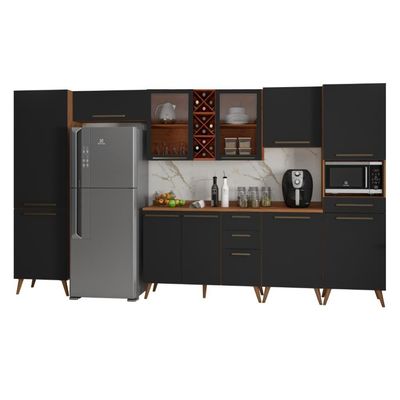 Armário De Cozinha Completa Vidro Reflecta Com Adega 11 Portas 4 Gavetas Favorita Preto /nature Pret