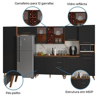 Armário De Cozinha Completa Vidro Reflecta Com Adega 11 Portas 4 Gavetas Favorita Preto /nature Pret