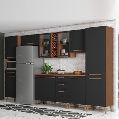 Armário De Cozinha Completa Vidro Reflecta Com Adega 11 Portas 4 Gavetas Favorita Preto /nature Pret