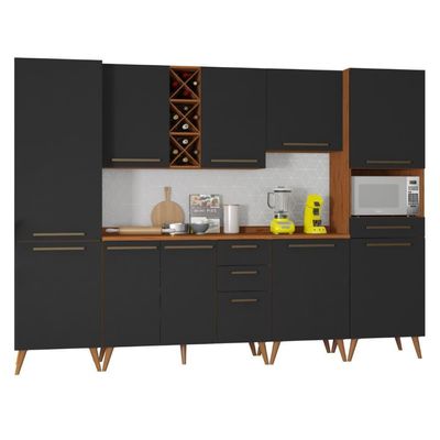 Armário De Cozinha Completa Com Adega 10 Portas 4 Gavetas Favorita Preto/nature Preto Naturale