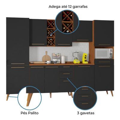 Armário De Cozinha Completa Com Adega 10 Portas 4 Gavetas Favorita Preto/nature Preto Naturale