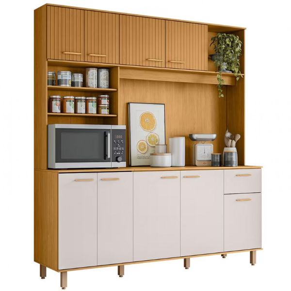 Cozinha Compacta Poliman Nuria com 9 Portas, 1 Gaveta e 4 Prateleiras - 180cm de largura Freijó com Off White