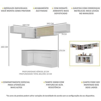 Armário De Cozinha Completa De Canto Com Rodapé V2095 Branco