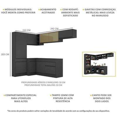 Armário De Cozinha Completa De Canto Com Rodapé Veneza Multimóveis V2087 Preto Preto