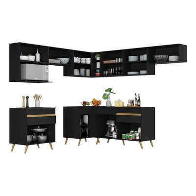 Armário De Cozinha Completa De Canto Veneza Multimóveis V2071 Preto/dourado Preto/dourado