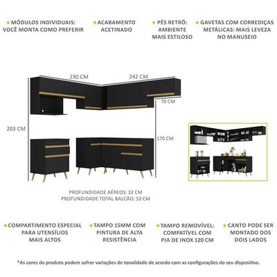 Armário De Cozinha Completa De Canto Veneza Multimóveis V2071 Preto/dourado Preto/dourado