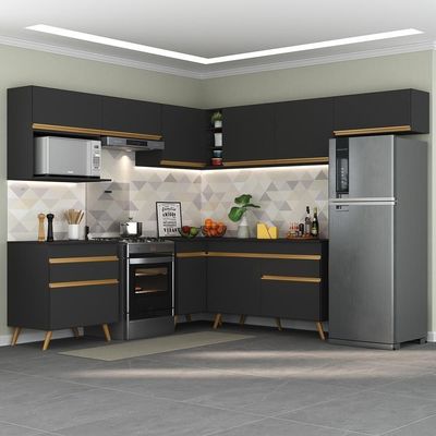 Armário De Cozinha Completa De Canto Veneza Multimóveis V2071 Preto/dourado Preto/dourado