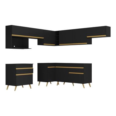 Armário De Cozinha Completa De Canto Veneza Multimóveis V2071 Preto/dourado Preto/dourado