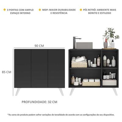 Gabinete Banheiro 3 Portas Retrô 90Cm Mp5030 Preto/Branco